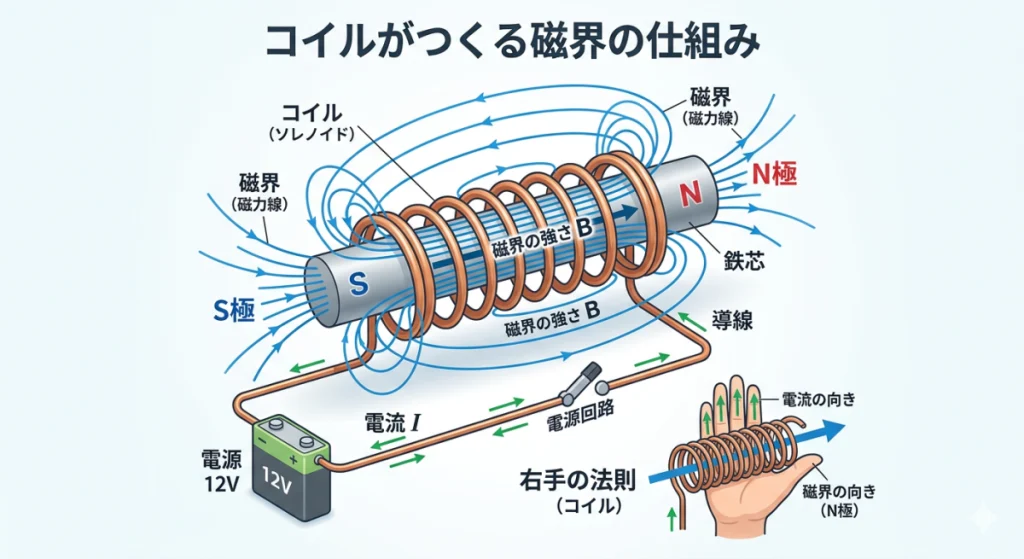 コイルの磁界の仕組みを視覚的に説明する画像。